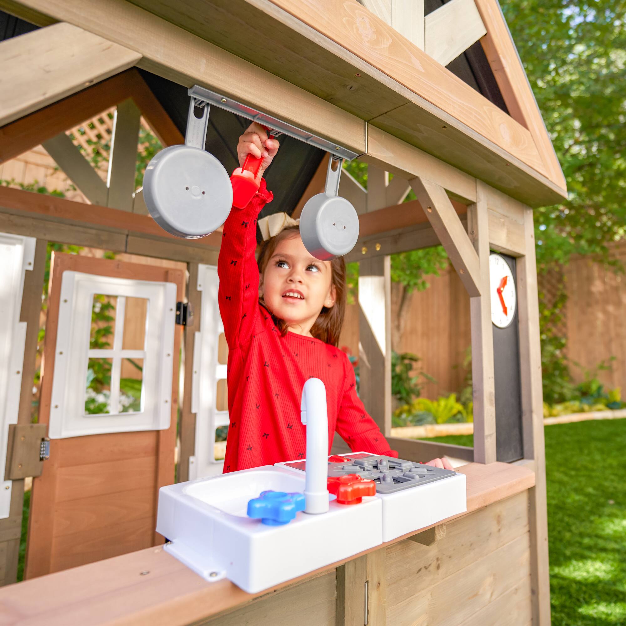 KidKraft Greystone Wooden Outdoor Playhouse with Kitchen & Working Doorbell